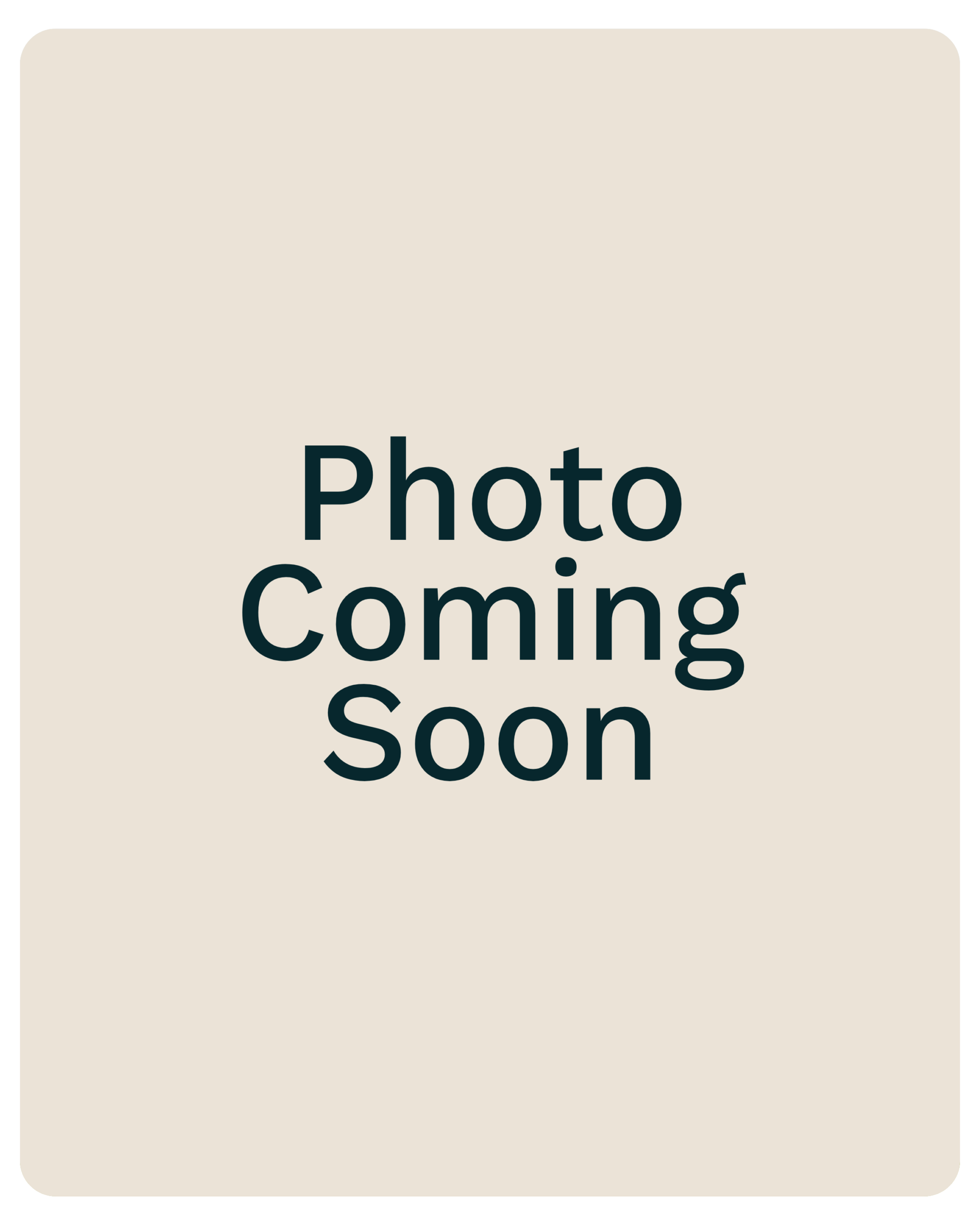 Beige rounded-rectangle placeholder with large text reading 'Photo Coming Soon'.